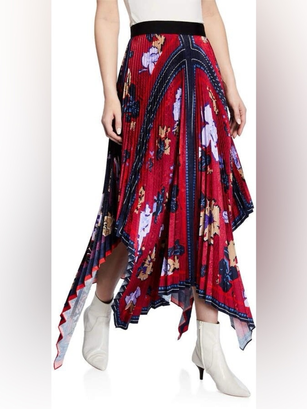 Yigal Azrouel Red & Blue Floral Handkerchief Pleated Accordion Midi Skirt